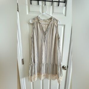 Indigo Rose Drop Waist Striped Sleeveless Dress w/ Crochet Lace Trim Sz L